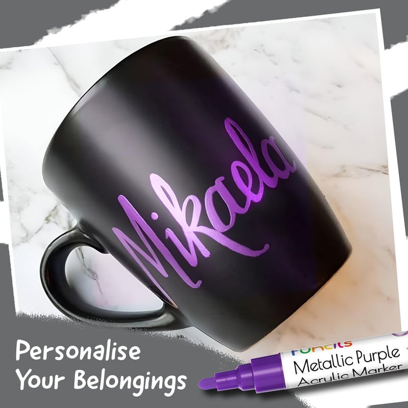 Funcils 5 Metallic Acrylic Purple Paint Pen - Extra Fine Tip, Thin & Jumbo (1mm, 3mm, 6mm, 10mm, 15mm) - Markers for Fabric, Metal, Plastic, Canvas, Wood, Rock Painting, Glass, Purple Permanent Marker - Image 5